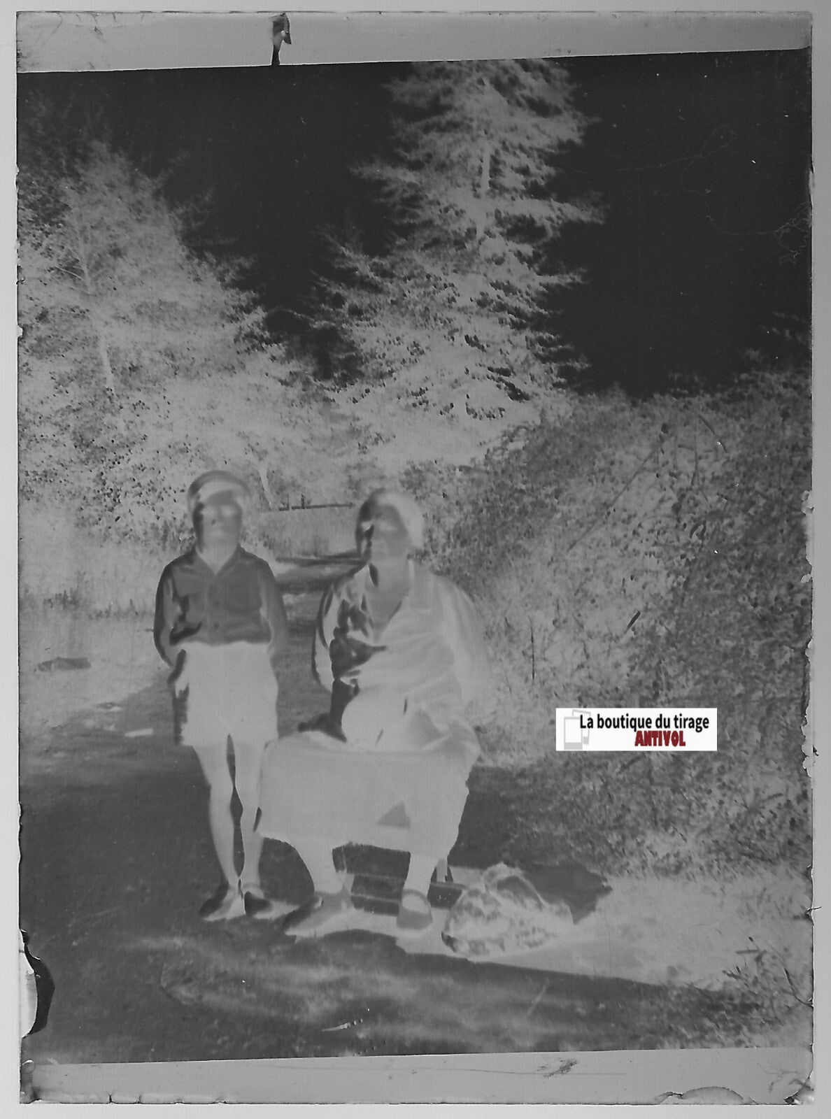 Garçon, grand-mère, Plaque verre photo ancienne, négatif noir & blanc 6x9 cm