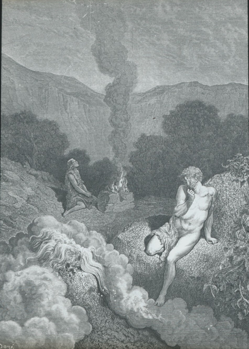 Le sacrifice d'Abel, Bible de Doré, dessin, plaque de verre, positif 8,5x10 cm