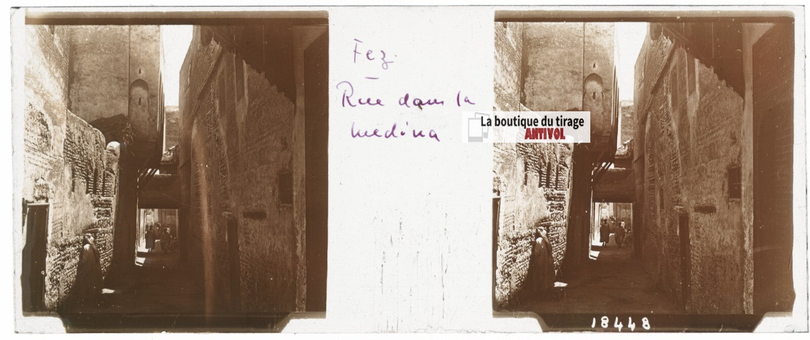 Fès, médina, Maroc, Plaque verre stéréoscopie, positif sépia 4,5x10,7 cm