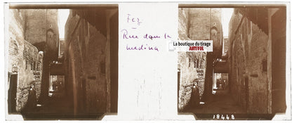 Fès, médina, Maroc, Plaque verre stéréoscopie, positif sépia 4,5x10,7 cm