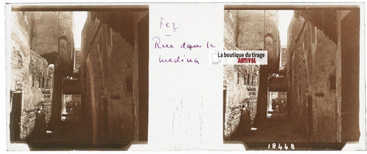 Fès, médina, Maroc, Plaque verre stéréoscopie, positif sépia 4,5x10,7 cm
