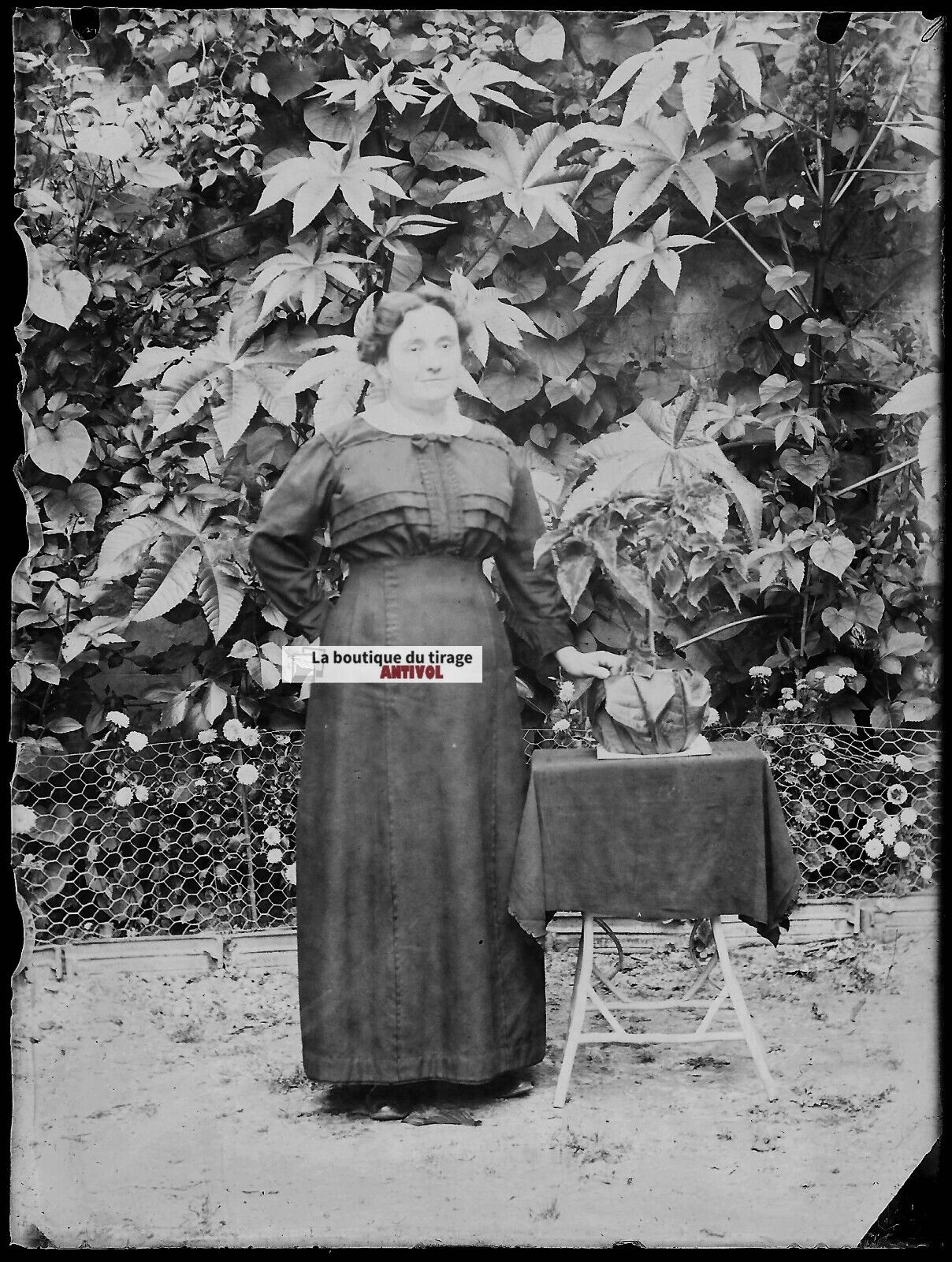 Plaque verre photo ancienne négatif noir et blanc 9x12 cm femme robe vintage 