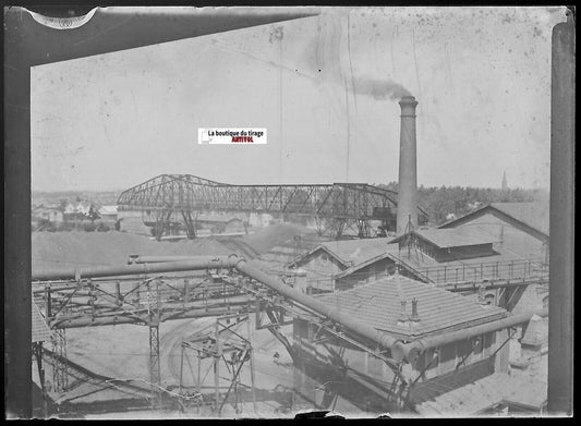 Usine, entreprise, Plaque verre photo ancienne, négatif noir & blanc 6x9 cm