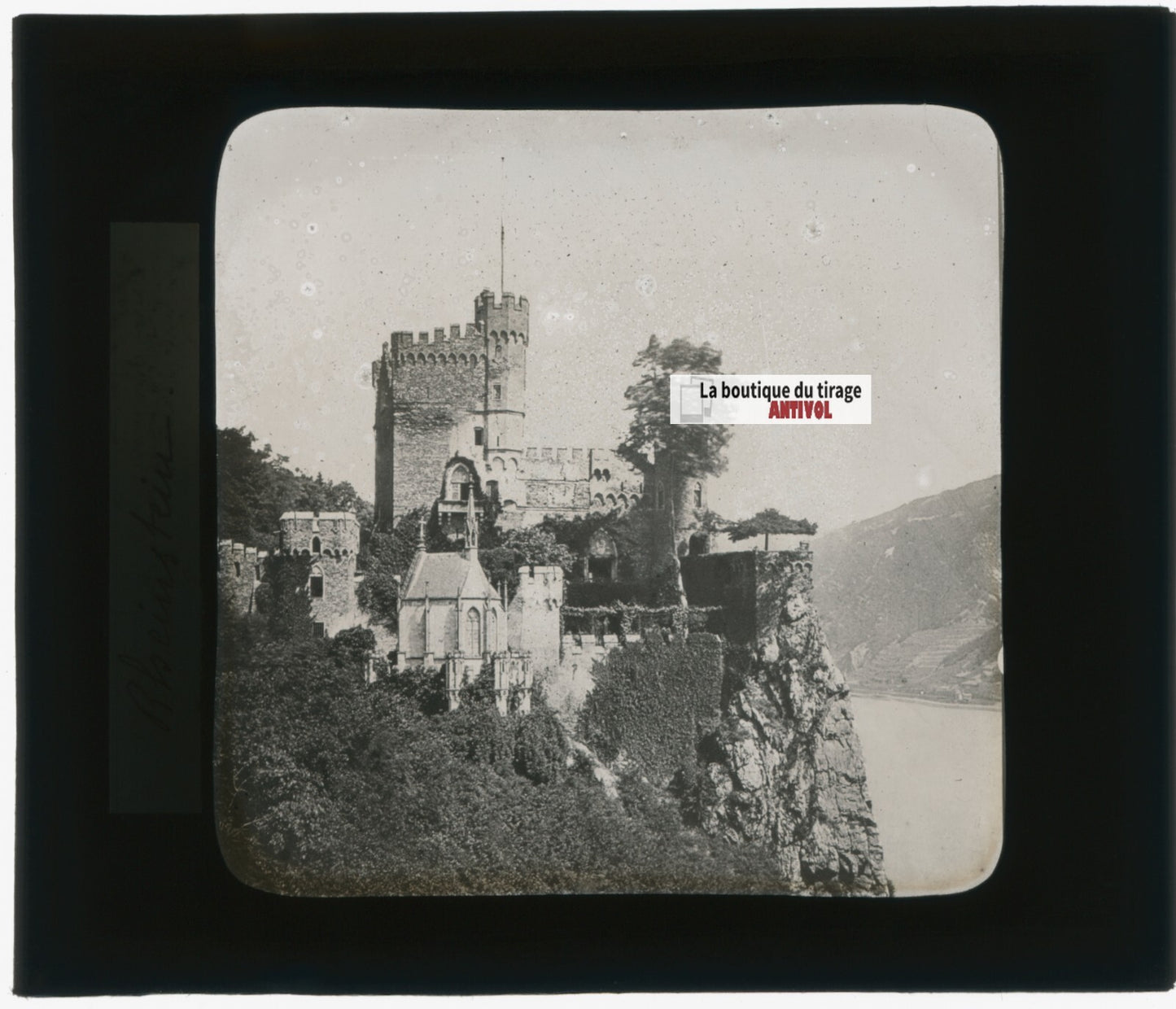 Château de Rheinstein, Rhin, photo plaque verre, noir & blanc, positif 8,5x10 cm