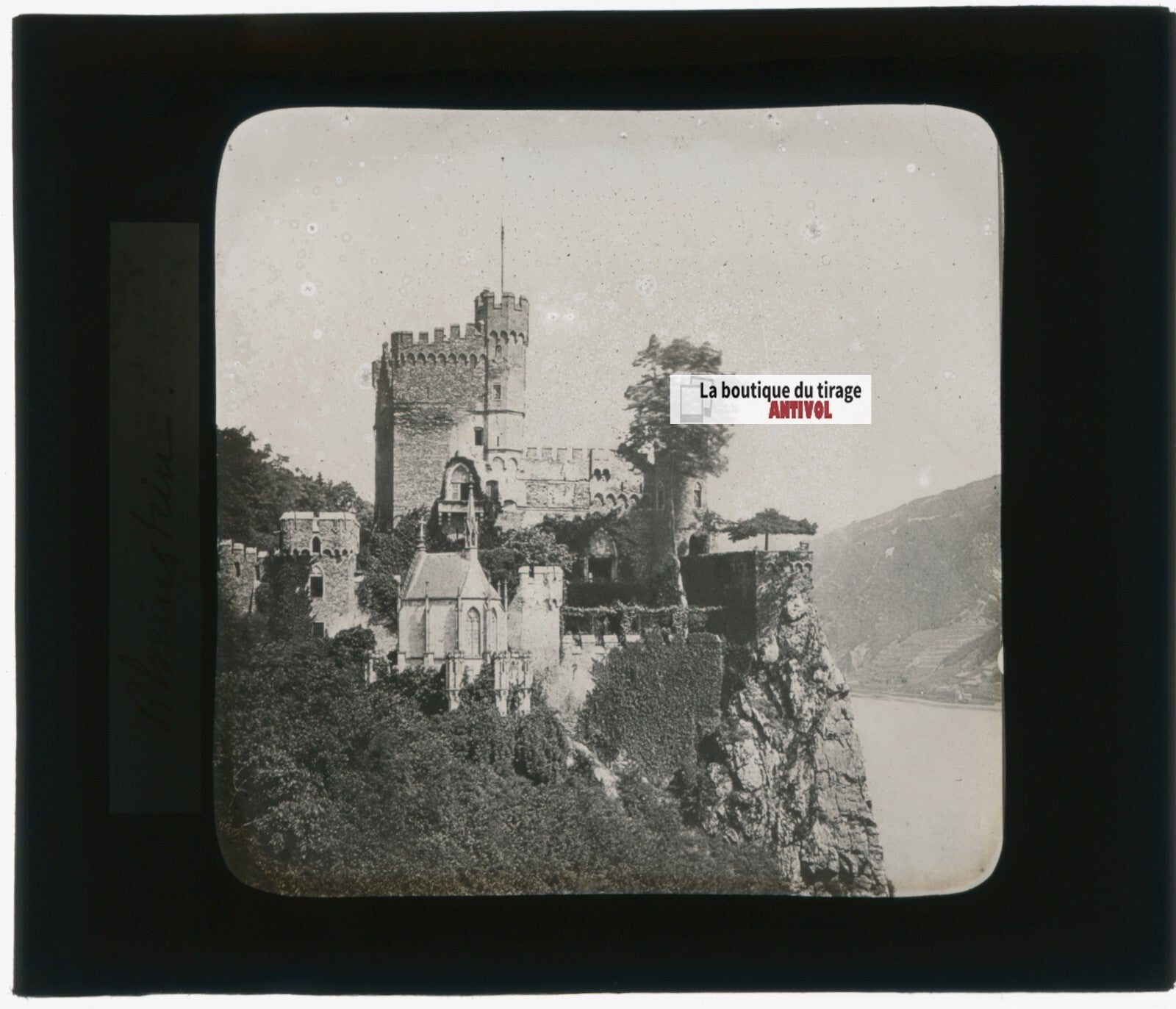Château de Rheinstein, Rhin, photo plaque verre, noir & blanc, positif 8,5x10 cm