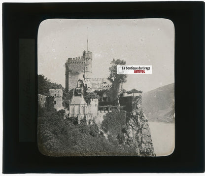Château de Rheinstein, Rhin, photo plaque verre, noir & blanc, positif 8,5x10 cm
