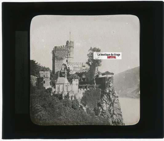 Château de Rheinstein, Rhin, photo plaque verre, noir & blanc, positif 8,5x10 cm
