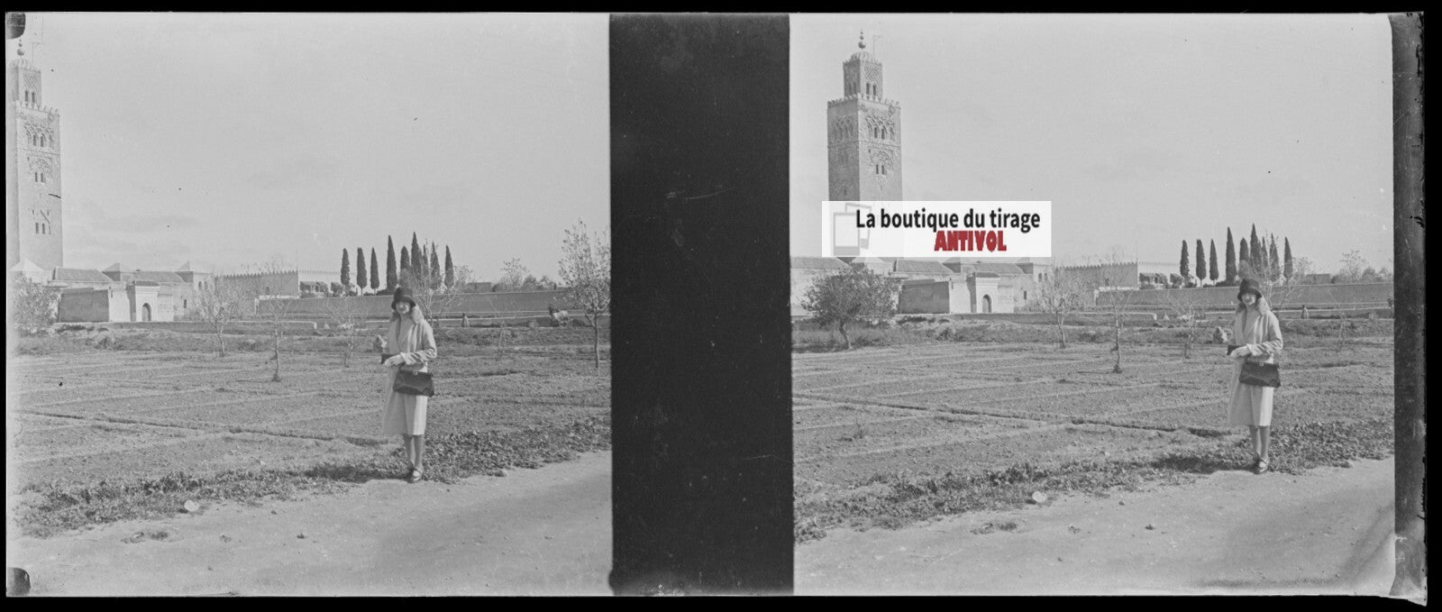 Koutoubia Marrakech Maroc, Plaque verre stéréo, négatif noir & blanc 4,5x10,7 cm