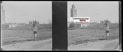 Koutoubia Marrakech Maroc, Plaque verre stéréo, négatif noir & blanc 4,5x10,7 cm