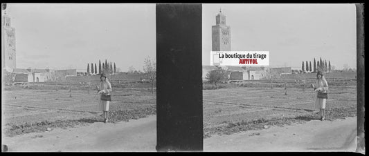 Koutoubia Marrakech Maroc, Plaque verre stéréo, négatif noir & blanc 4,5x10,7 cm
