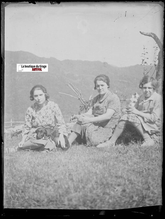 Montagne, chiot, dame, Plaque verre photo ancienne, négatif noir & blanc 9x12 cm