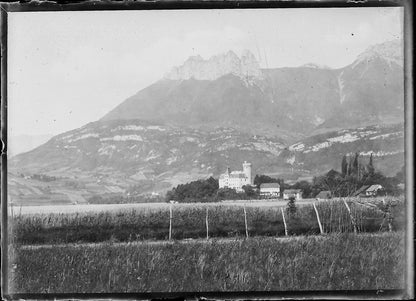 Plaque verre photo ancienne négatif 6x9 cm château paysage, Duingt