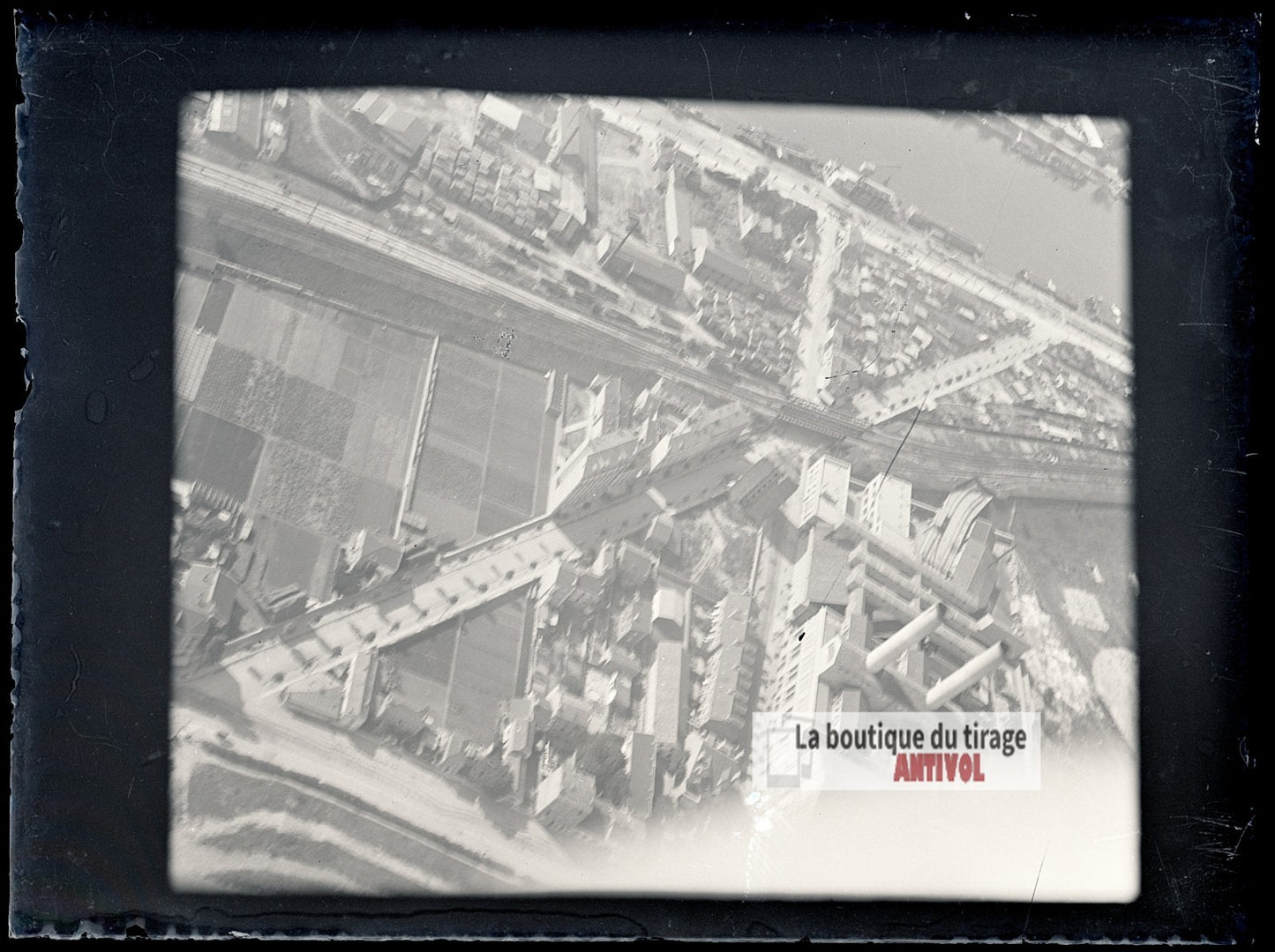 Vue aérienne, avion, ville, plaque verre photo ancienne, négatif 9x12 cm