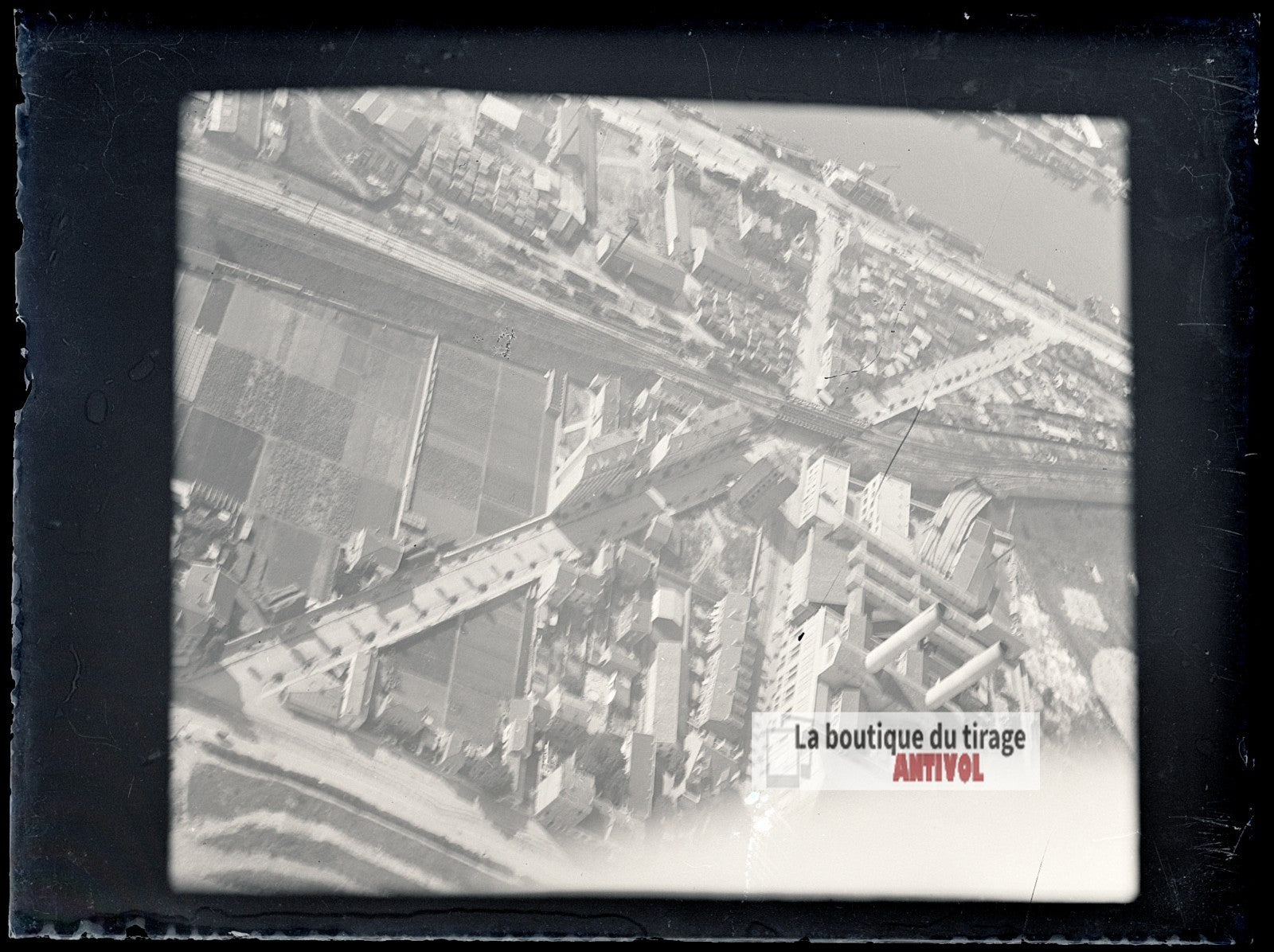 Vue aérienne, avion, ville, plaque verre photo ancienne, négatif 9x12 cm