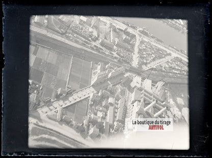 Vue aérienne, avion, ville, plaque verre photo ancienne, négatif 9x12 cm