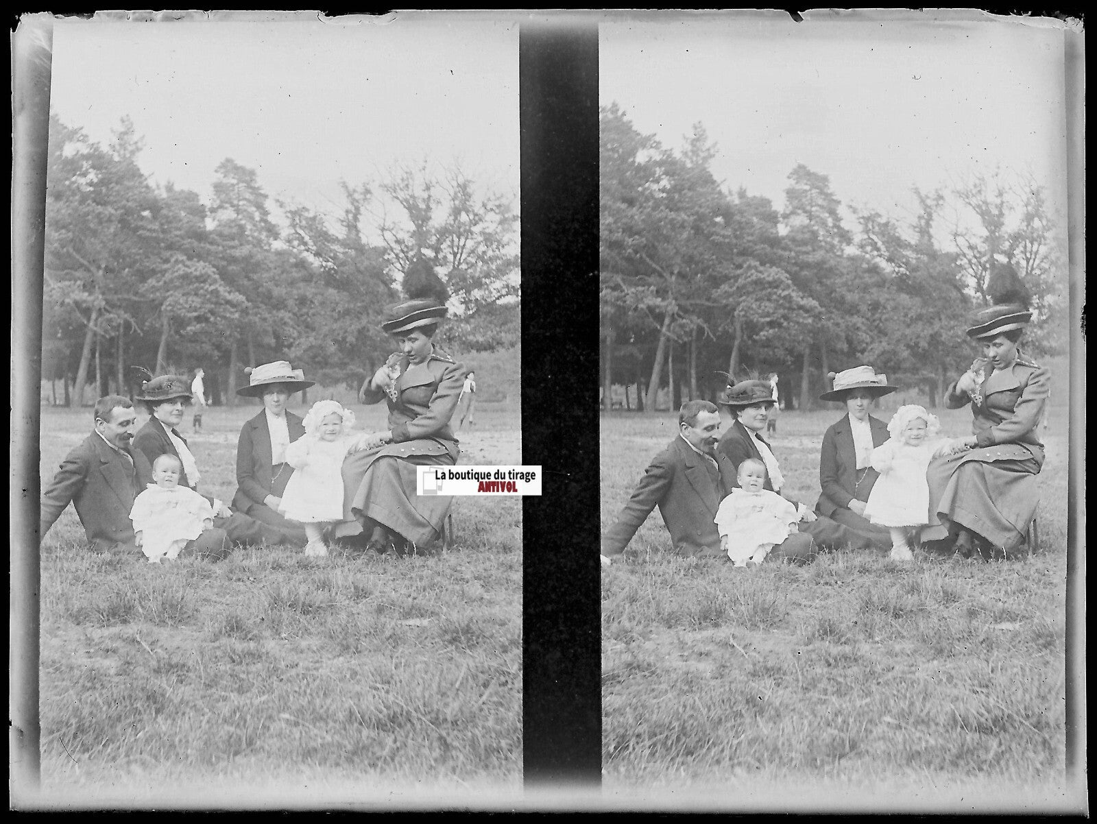 Famille, diptyque, Plaque verre photo ancienne, négatif noir & blanc 9x12 cm