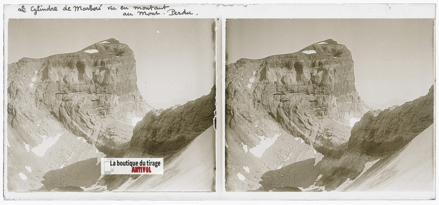Cylindre de Marboré, plaque verre, photo ancienne stéréo, noir & blanc 6x13 cm