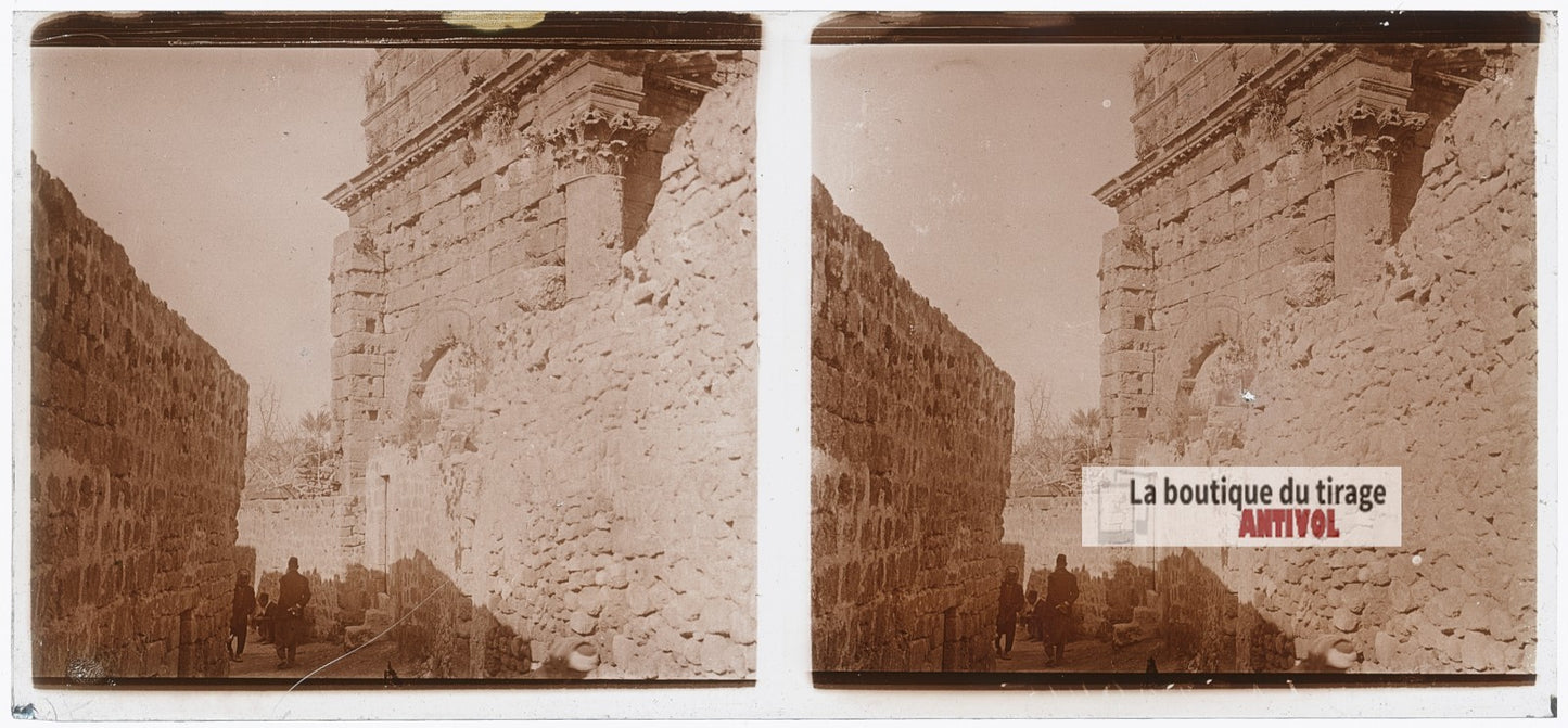 Arc antique au milieu des ruines, plaque de verre, photo ancienne stéréo 6x13 cm