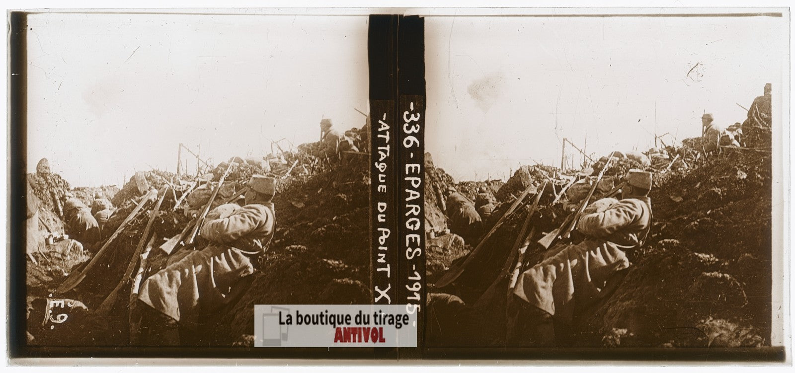 Éparges, attaque point X, guerre WW1, plaque verre photo ancienne stéréo 6x13 cm