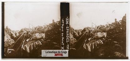 Éparges, attaque point X, guerre WW1, plaque verre photo ancienne stéréo 6x13 cm