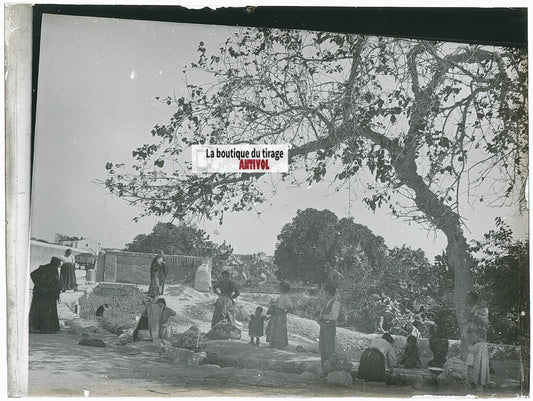 Village, lavoir, femmes, photo ancienne plaque verre, noir & blanc, 9x12 cm