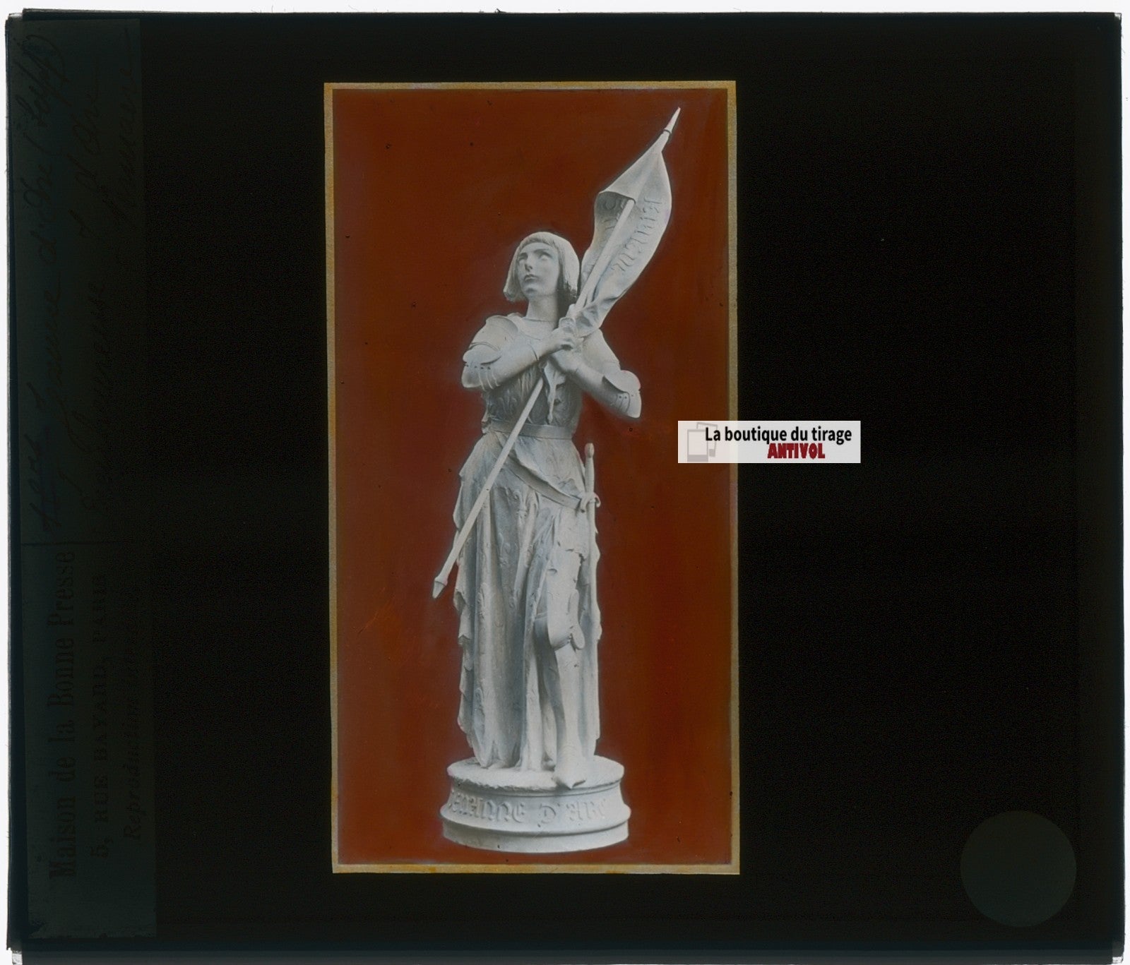 Jeanne d’Arc, statue, photo plaque verre, noir & blanc, positif 8,5x10 cm