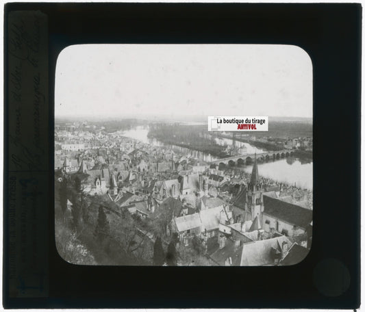 Vue panoramique de Chinon, photo plaque verre, noir & blanc, positif 8,5x10 cm