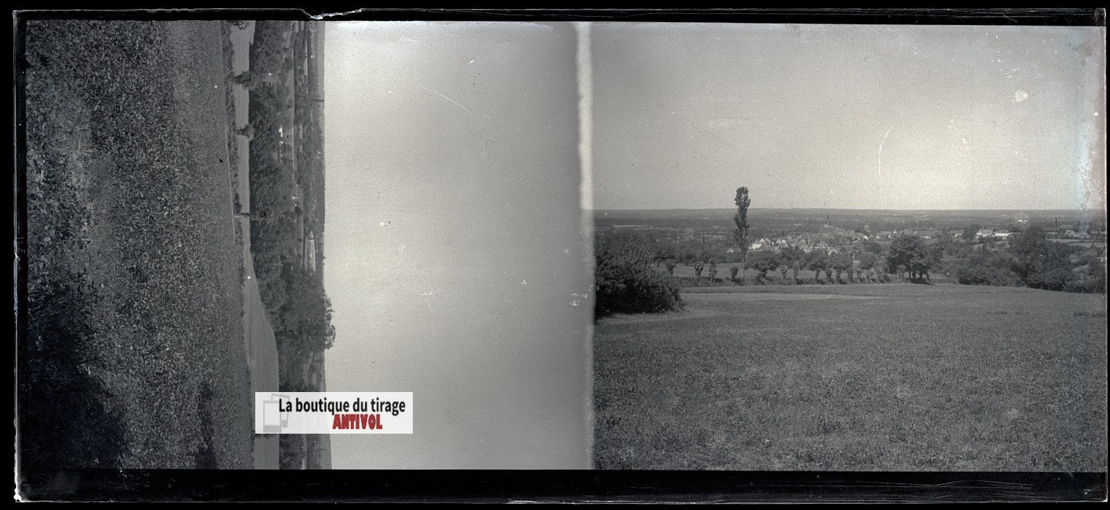 Champs, paysage France, plaque verre, photo ancienne, négatif N&B 6x13 cm