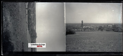 Champs, paysage France, plaque verre, photo ancienne, négatif N&B 6x13 cm