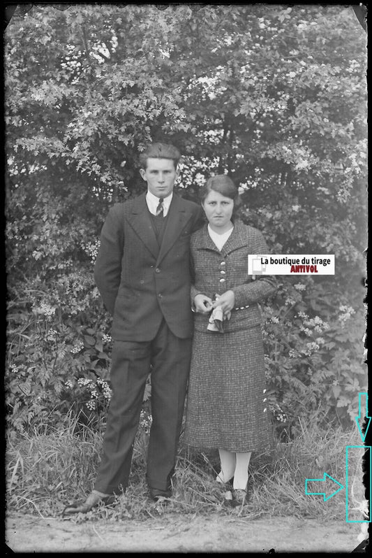 Couple, amour, Plaque verre photo ancienne, négatif noir & blanc 10x15 cm France