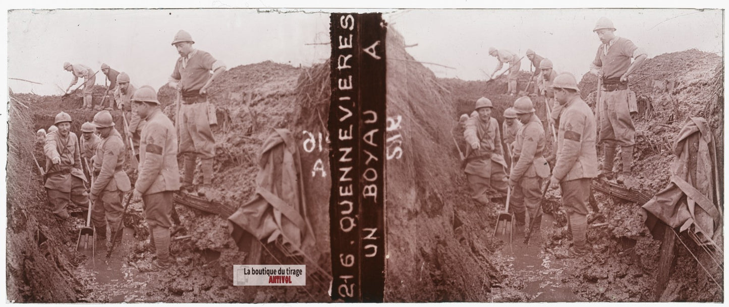 Un boyau à Quennevières, guerre WW1, plaque verre stéréo, photo 4,5x10,7 cm