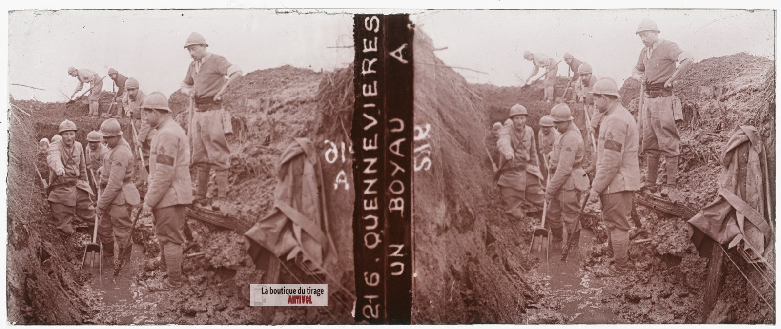Un boyau à Quennevières, guerre WW1, plaque verre stéréo, photo 4,5x10,7 cm