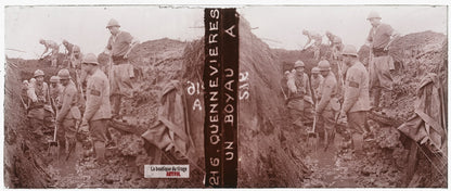 Un boyau à Quennevières, guerre WW1, plaque verre stéréo, photo 4,5x10,7 cm