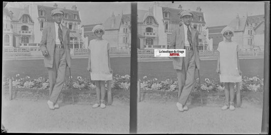 Bord de mer, personnages, stéréoscopie plaque ancienne verre, négatif 9x18 cm