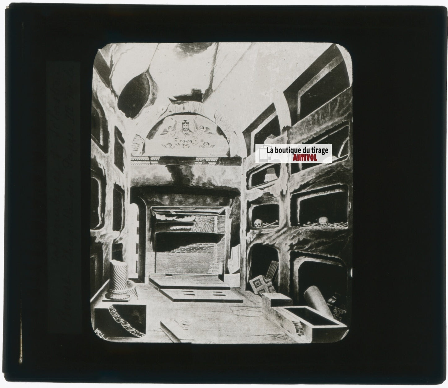 Catacombes Saint-Sébastien, dessin plaque verre, noir & blanc, positif 8,5x10 cm