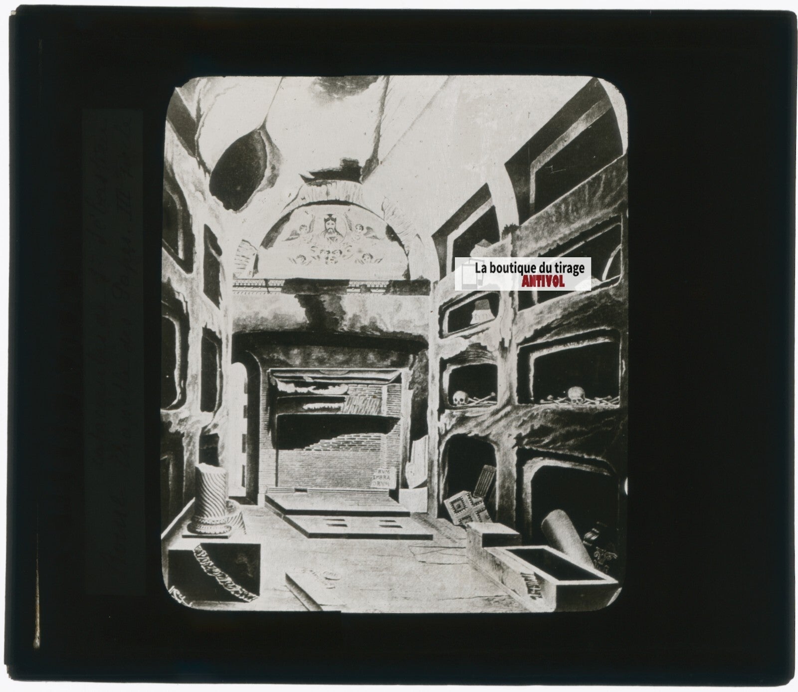 Catacombes Saint-Sébastien, dessin plaque verre, noir & blanc, positif 8,5x10 cm
