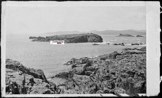 Saint-Raphaël, Les Lions, mer, Plaque verre photo, négatif noir & blanc 9x14 cm