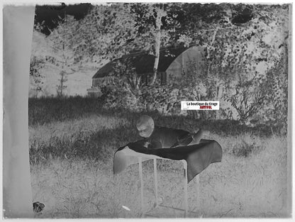 Bébé, jardin, enfant, Plaque verre photo ancienne, négatif noir & blanc 9x12 cm
