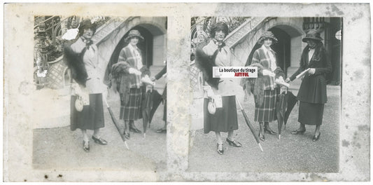 Scène de vie, Longchamp, Paris, plaque verre stéréoscopique, positif 8,5x17 cm