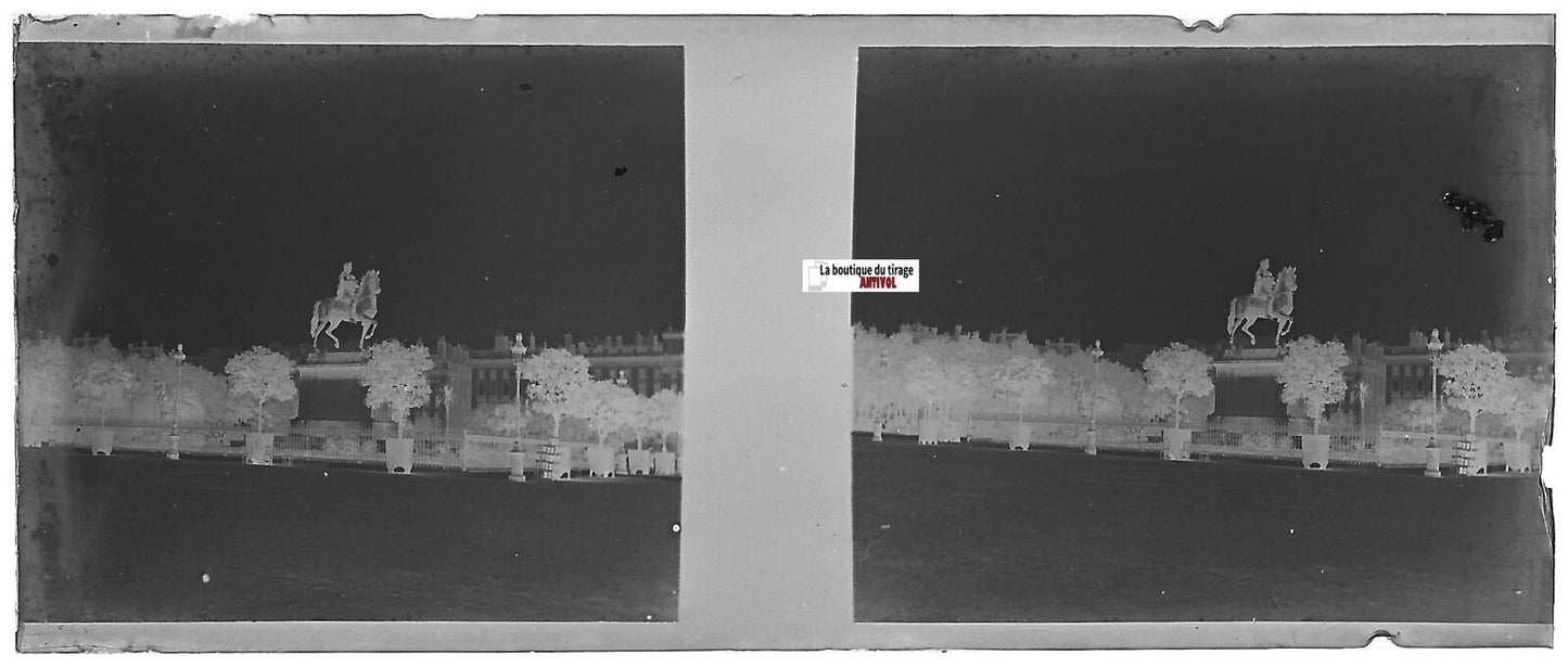 Lyon, Bellecour, Plaque verre photo stéréo, négatif noir & blanc 4,5x10,7 cm