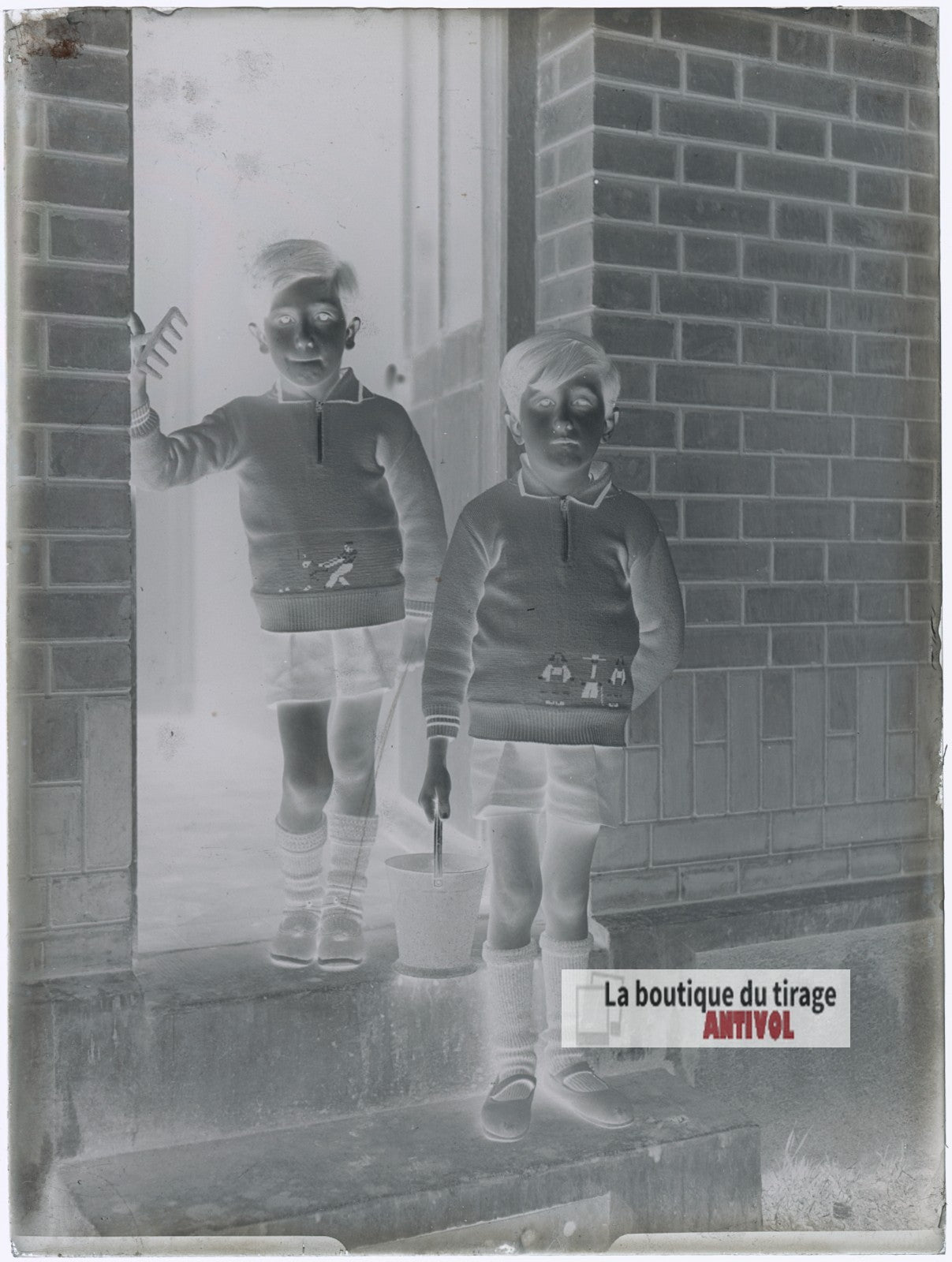 Portrait de deux jeunes garçons, plaque verre photo ancienne, négatif 9x12 cm