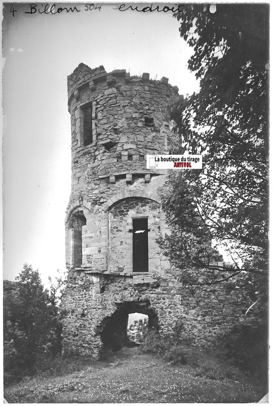 Billom, ruine, Plaque verre photo ancienne, positif noir & blanc 10x15 cm