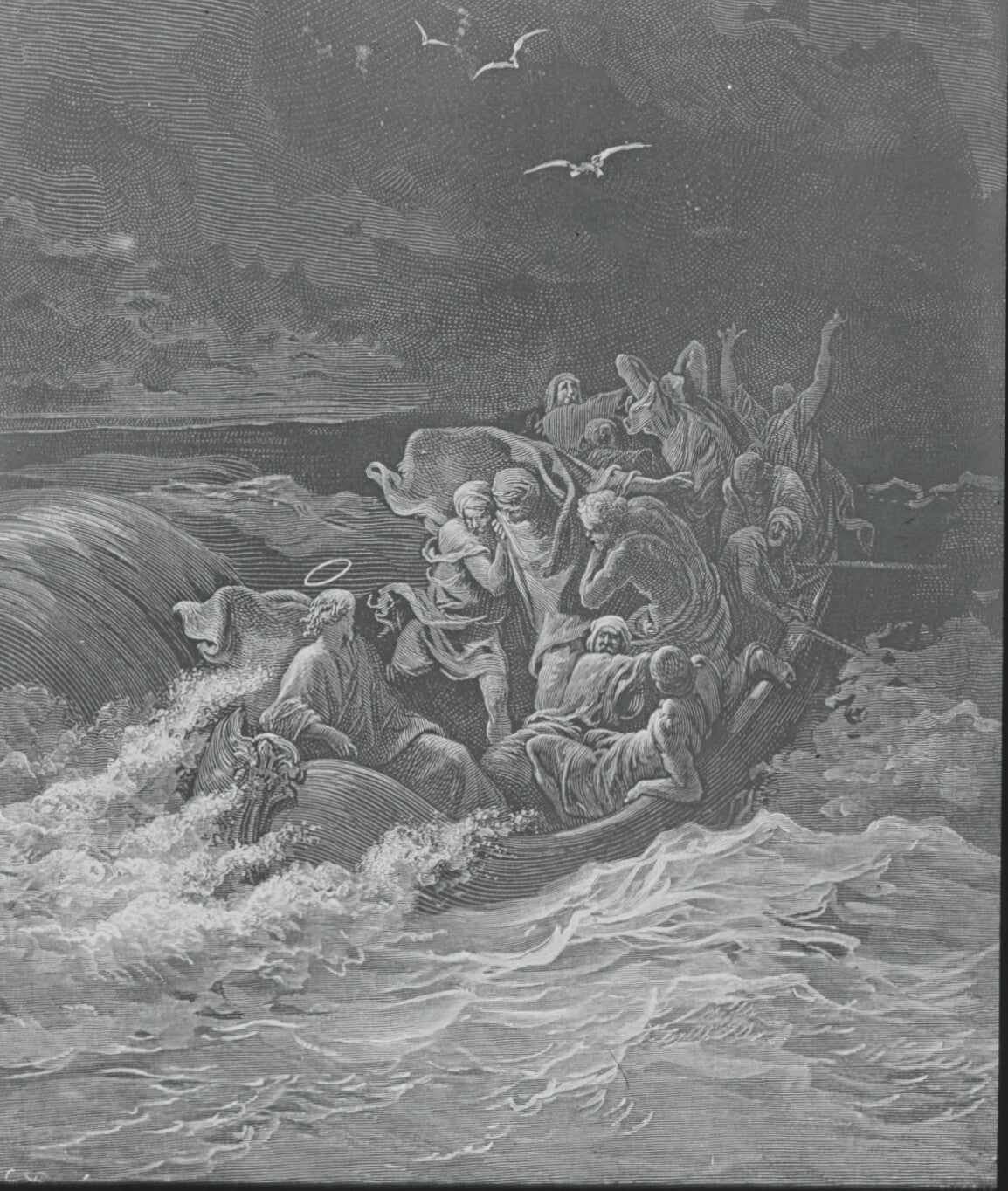 Jésus apaise la tempête, Bible Doré, dessin, plaque verre, positif 8,5x10 cm