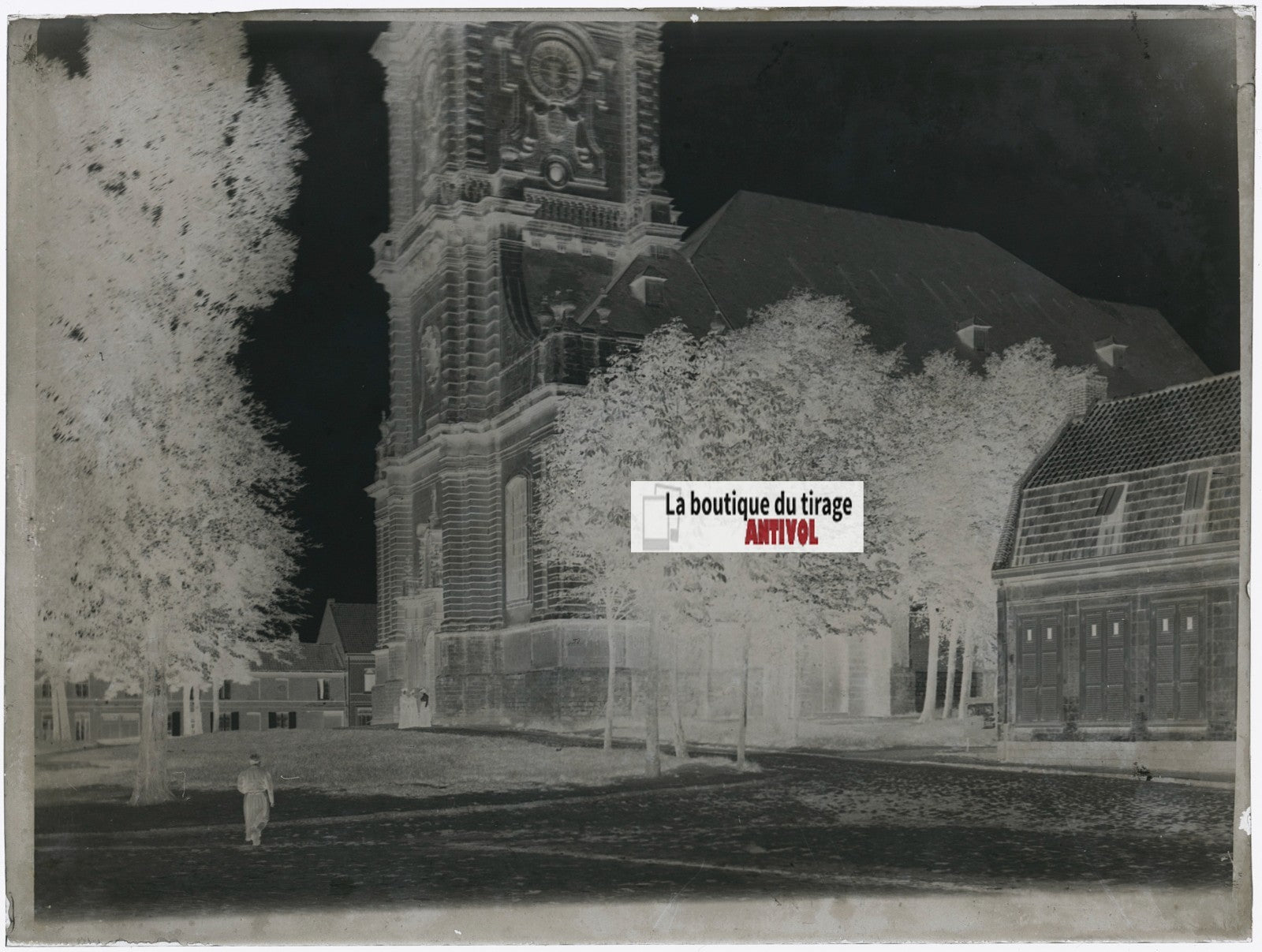 Eglise, Carvin, photo ancienne plaque verre, négatif noir & blanc, 9x12 cm