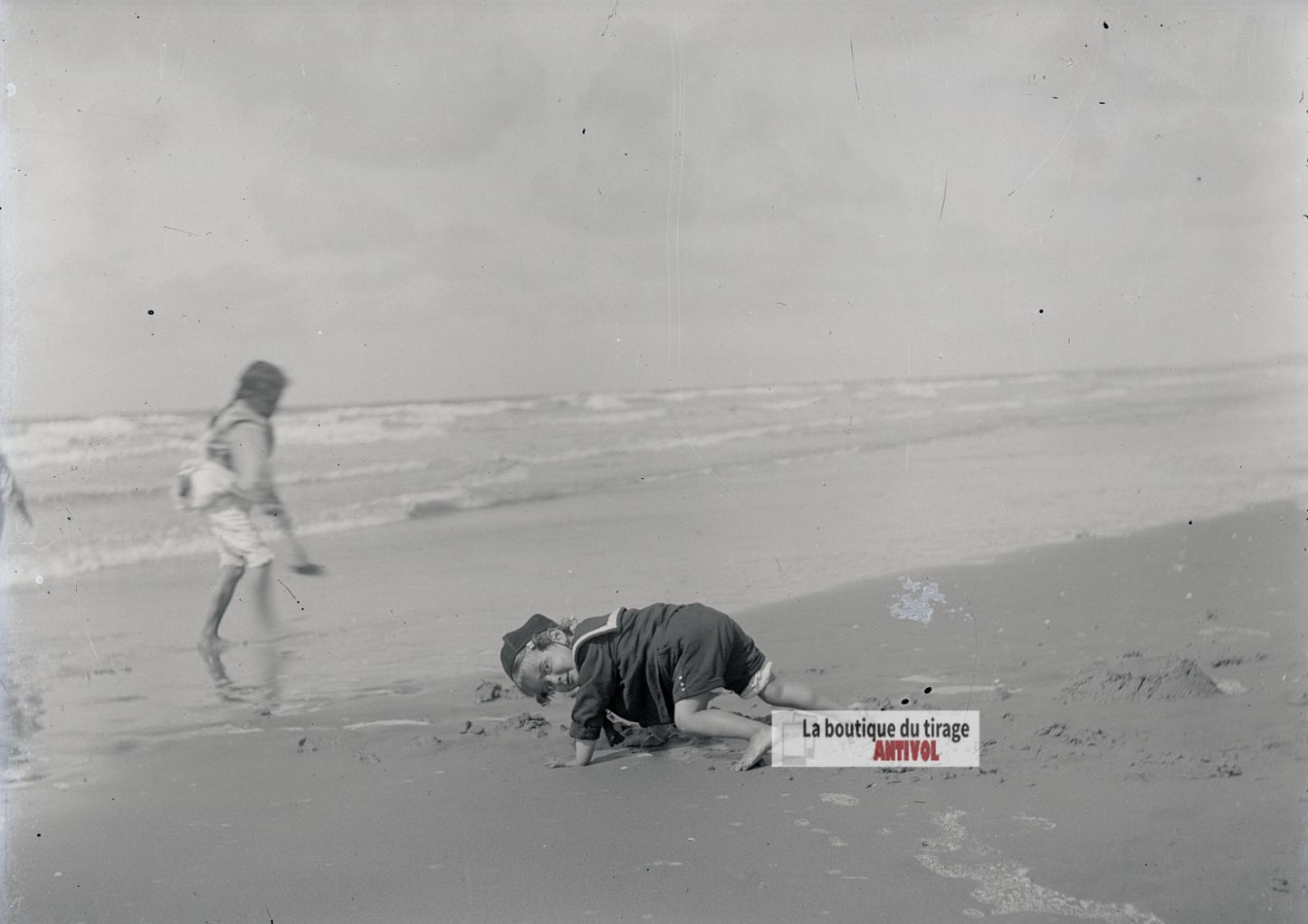 Jeux d'enfants, Berck-Plage, plaque verre photo ancienne, négatif 9x12 cm