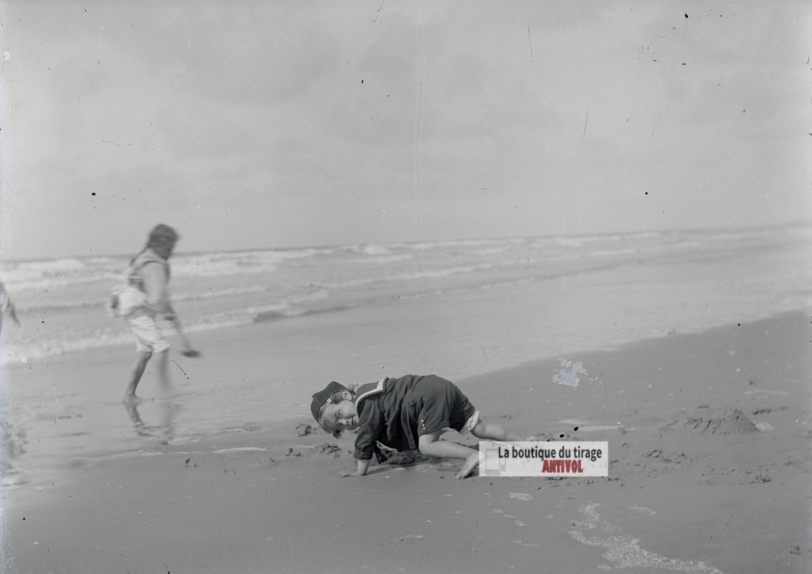 Jeux d'enfants, Berck-Plage, plaque verre photo ancienne, négatif 9x12 cm