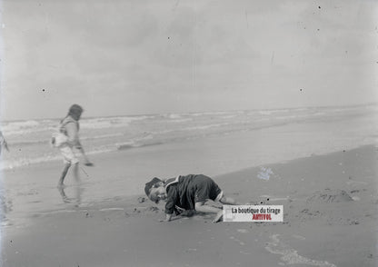 Jeux d'enfants, Berck-Plage, plaque verre photo ancienne, négatif 9x12 cm