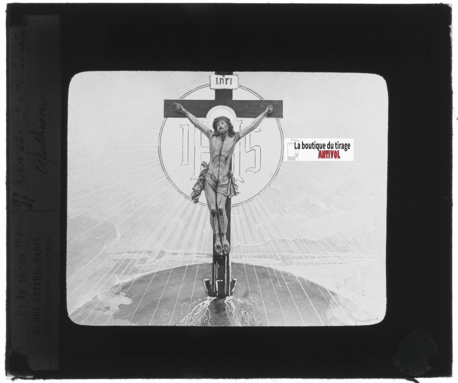 Scène religieuse, dessin, peinture, ancienne plaque de verre, positif 8,5x10 cm