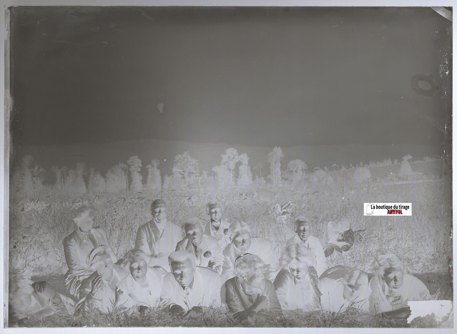 Groupe, paysage, Plaque verre photo ancienne, négatif noir & blanc 13x18 cm