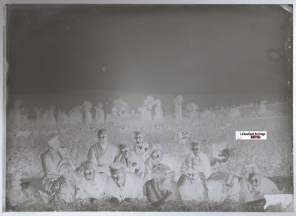 Groupe, paysage, Plaque verre photo ancienne, négatif noir & blanc 13x18 cm